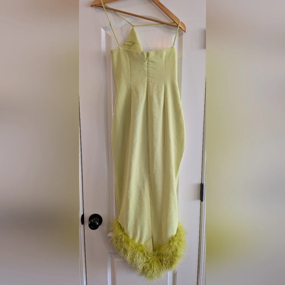HOUSE OF CB Alessia Asymmetric Feather Trim Midi Dress in Lime Green Size M - Picture 8 of 16